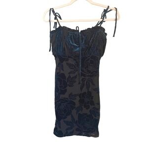 Forever 21 Teal Blue Velvet Floral Burnout Tie Shoulder Mini Dress Size S